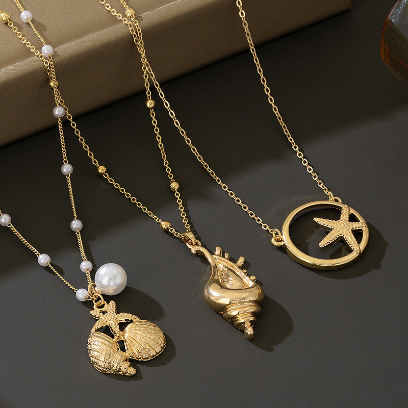 Beach Artificial Pearl Starfish Shell Necklace For Women Vintage Vacation Jewelry Zinc Alloy Beaded Necklace Vacation Accessories