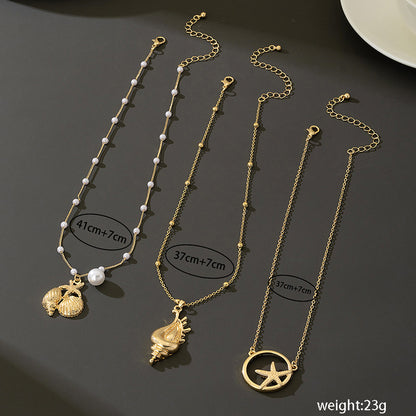 Beach Artificial Pearl Starfish Shell Necklace For Women Vintage Vacation Jewelry Zinc Alloy Beaded Necklace Vacation Accessories