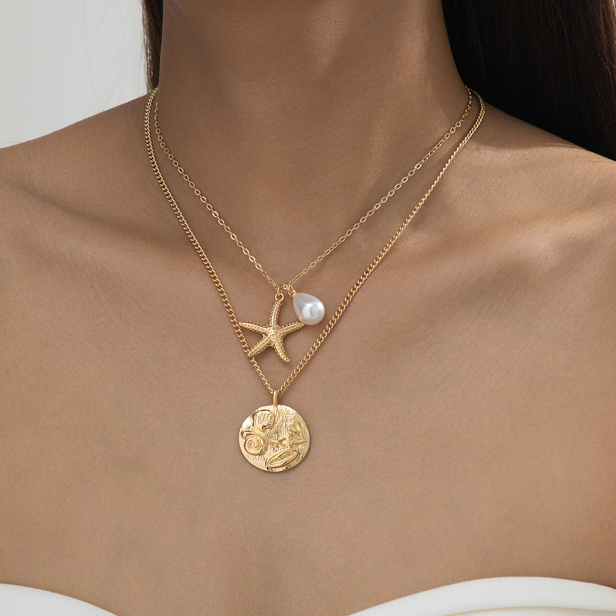 Beach Artificial Pearl Starfish Shell Necklace For Women Vintage Vacation Jewelry Zinc Alloy Beaded Necklace Vacation Accessories