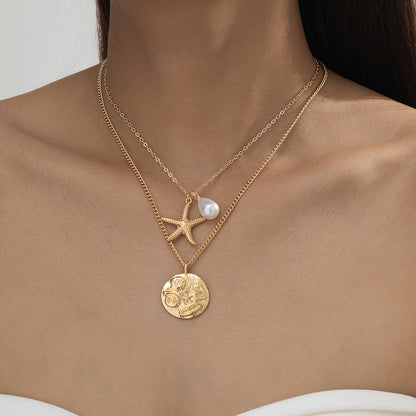 Beach Artificial Pearl Starfish Shell Necklace For Women Vintage Vacation Jewelry Zinc Alloy Beaded Necklace Vacation Accessories