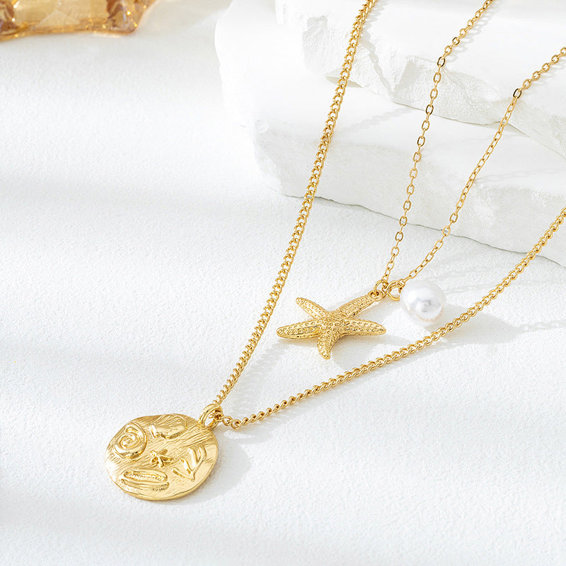 Beach Artificial Pearl Starfish Shell Necklace For Women Vintage Vacation Jewelry Zinc Alloy Beaded Necklace Vacation Accessories