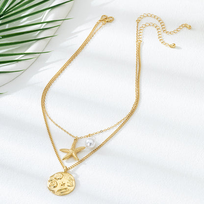 Beach Artificial Pearl Starfish Shell Necklace For Women Vintage Vacation Jewelry Zinc Alloy Beaded Necklace Vacation Accessories