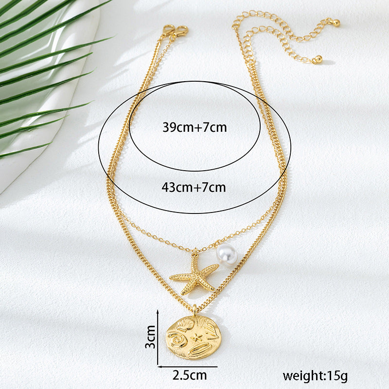 Beach Artificial Pearl Starfish Shell Necklace For Women Vintage Vacation Jewelry Zinc Alloy Beaded Necklace Vacation Accessories