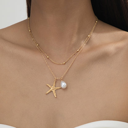 Beach Artificial Pearl Starfish Shell Necklace For Women Vintage Vacation Jewelry Zinc Alloy Beaded Necklace Vacation Accessories