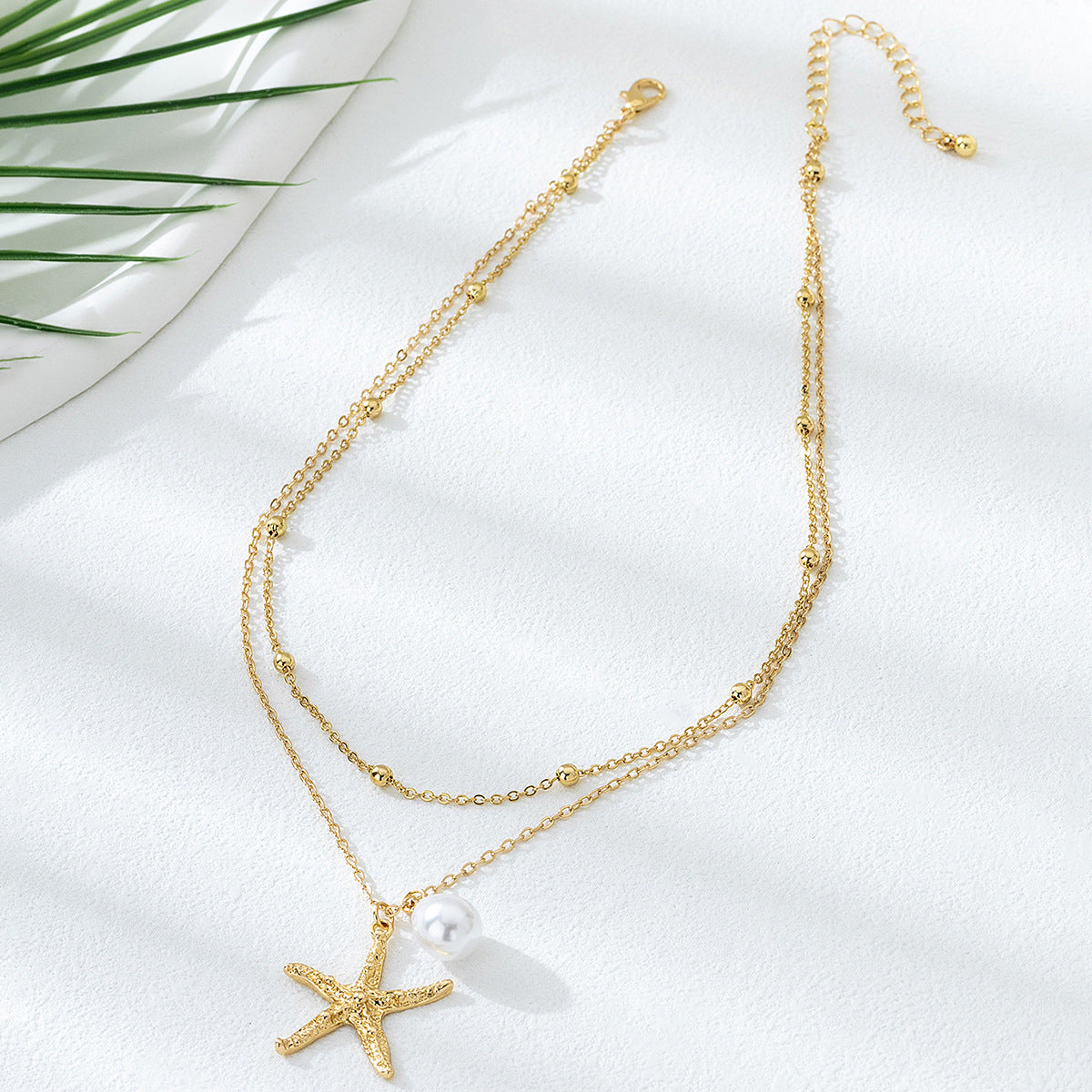 Beach Artificial Pearl Starfish Shell Necklace For Women Vintage Vacation Jewelry Zinc Alloy Beaded Necklace Vacation Accessories
