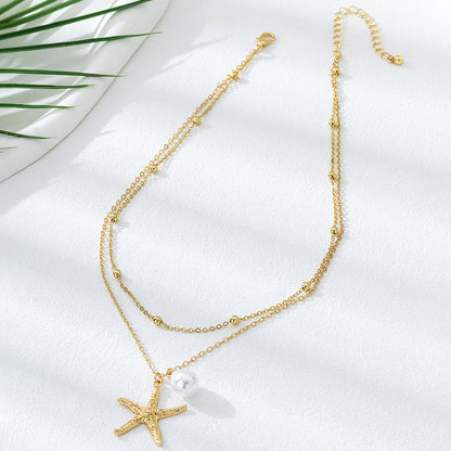 Beach Artificial Pearl Starfish Shell Necklace For Women Vintage Vacation Jewelry Zinc Alloy Beaded Necklace Vacation Accessories