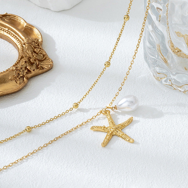 Beach Artificial Pearl Starfish Shell Necklace For Women Vintage Vacation Jewelry Zinc Alloy Beaded Necklace Vacation Accessories