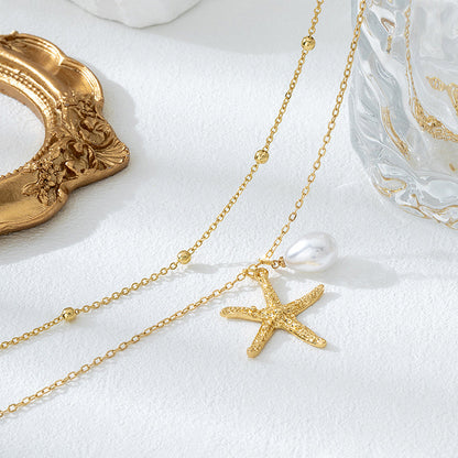 Beach Artificial Pearl Starfish Shell Necklace For Women Vintage Vacation Jewelry Zinc Alloy Beaded Necklace Vacation Accessories