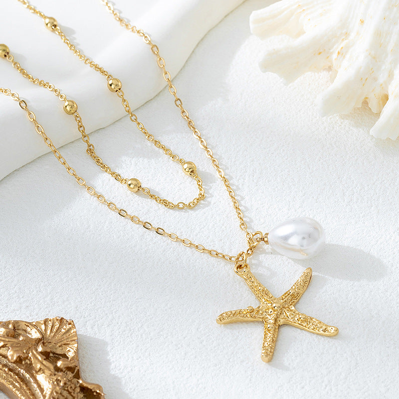 Beach Artificial Pearl Starfish Shell Necklace For Women Vintage Vacation Jewelry Zinc Alloy Beaded Necklace Vacation Accessories