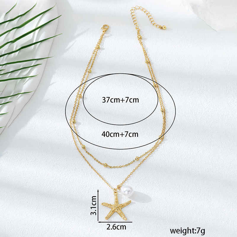 Beach Artificial Pearl Starfish Shell Necklace For Women Vintage Vacation Jewelry Zinc Alloy Beaded Necklace Vacation Accessories