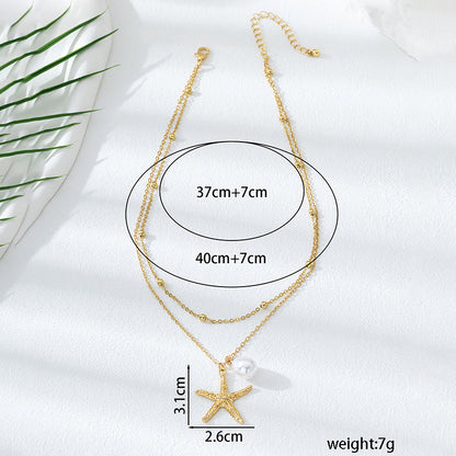 Beach Artificial Pearl Starfish Shell Necklace For Women Vintage Vacation Jewelry Zinc Alloy Beaded Necklace Vacation Accessories