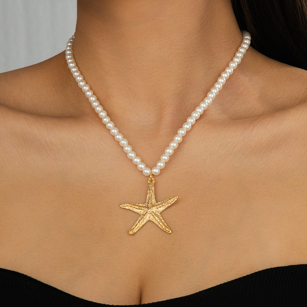 Beach Artificial Pearl Starfish Shell Necklace For Women Vintage Vacation Jewelry Zinc Alloy Beaded Necklace Vacation Accessories