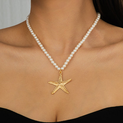 Beach Artificial Pearl Starfish Shell Necklace For Women Vintage Vacation Jewelry Zinc Alloy Beaded Necklace Vacation Accessories