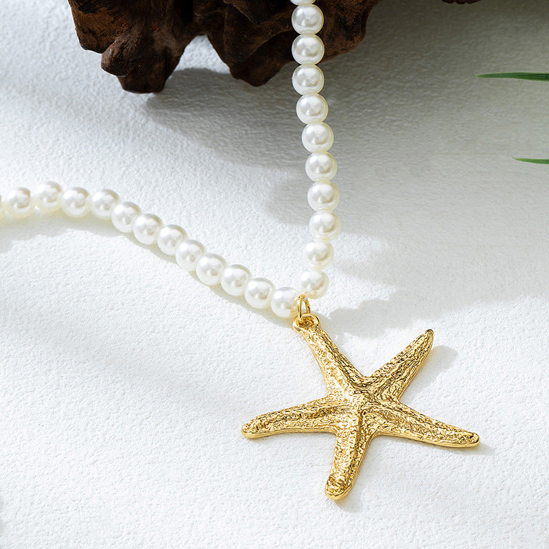 Beach Artificial Pearl Starfish Shell Necklace For Women Vintage Vacation Jewelry Zinc Alloy Beaded Necklace Vacation Accessories