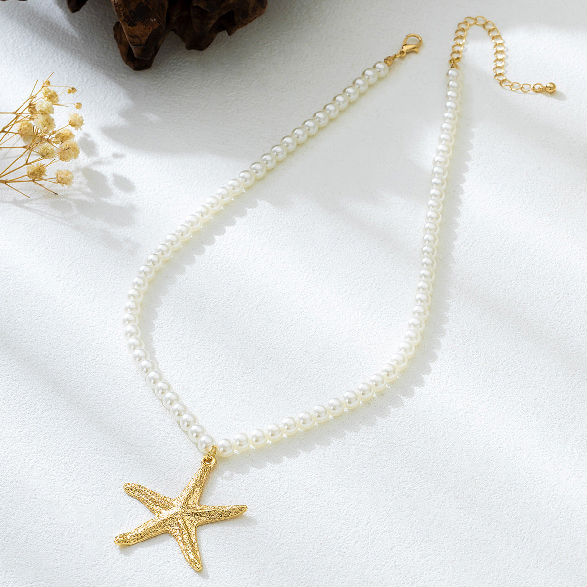 Beach Artificial Pearl Starfish Shell Necklace For Women Vintage Vacation Jewelry Zinc Alloy Beaded Necklace Vacation Accessories