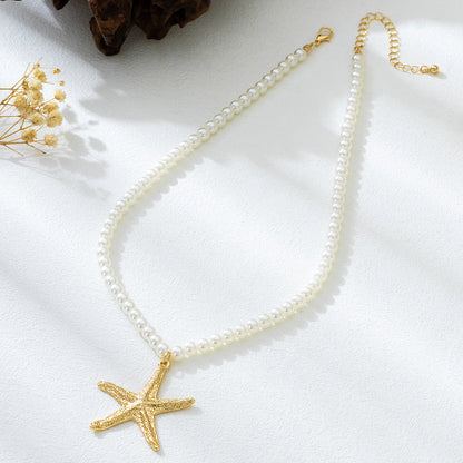 Beach Artificial Pearl Starfish Shell Necklace For Women Vintage Vacation Jewelry Zinc Alloy Beaded Necklace Vacation Accessories