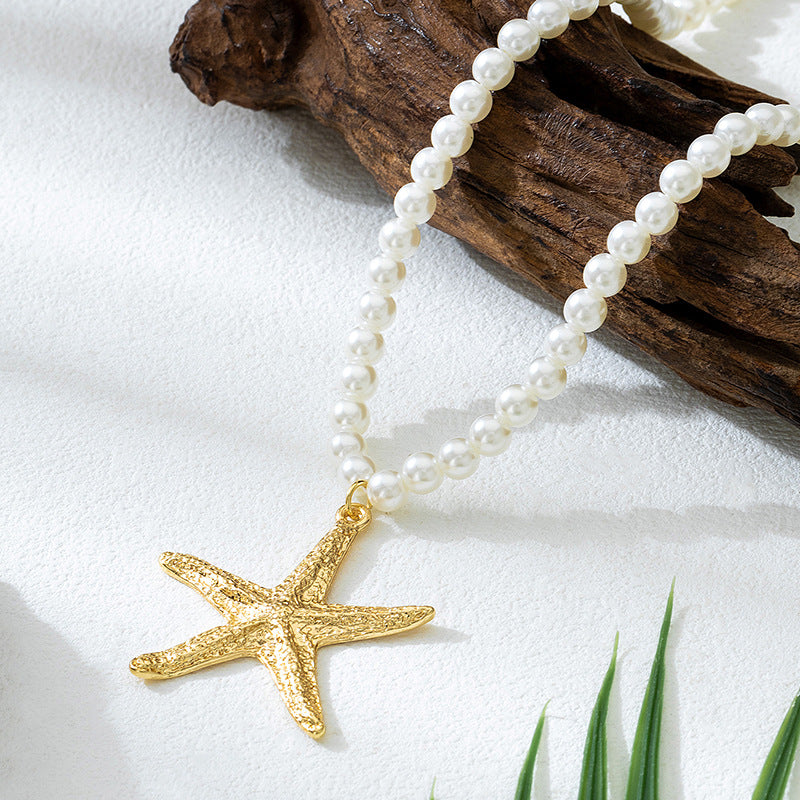 Beach Artificial Pearl Starfish Shell Necklace For Women Vintage Vacation Jewelry Zinc Alloy Beaded Necklace Vacation Accessories