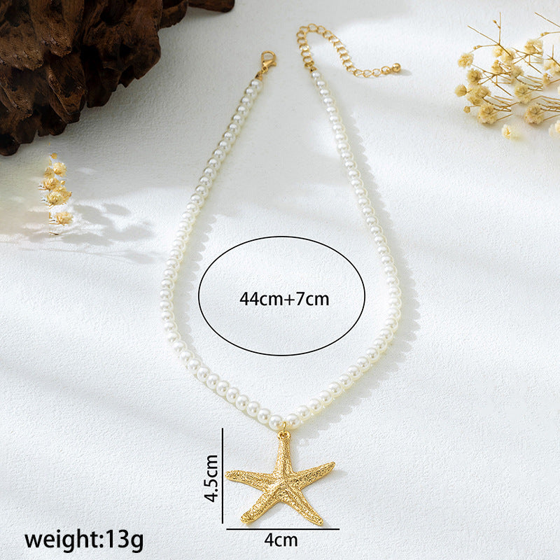 Beach Artificial Pearl Starfish Shell Necklace For Women Vintage Vacation Jewelry Zinc Alloy Beaded Necklace Vacation Accessories