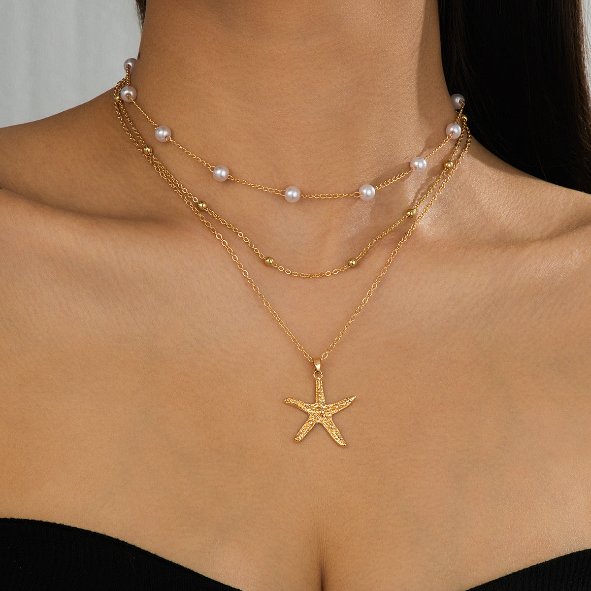 Beach Artificial Pearl Starfish Shell Necklace For Women Vintage Vacation Jewelry Zinc Alloy Beaded Necklace Vacation Accessories