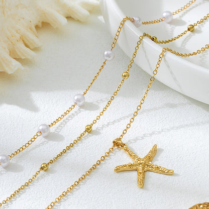 Beach Artificial Pearl Starfish Shell Necklace For Women Vintage Vacation Jewelry Zinc Alloy Beaded Necklace Vacation Accessories