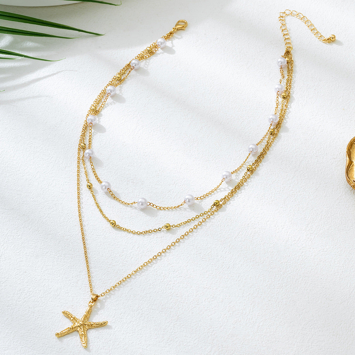 Beach Artificial Pearl Starfish Shell Necklace For Women Vintage Vacation Jewelry Zinc Alloy Beaded Necklace Vacation Accessories