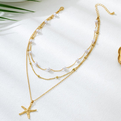Beach Artificial Pearl Starfish Shell Necklace For Women Vintage Vacation Jewelry Zinc Alloy Beaded Necklace Vacation Accessories