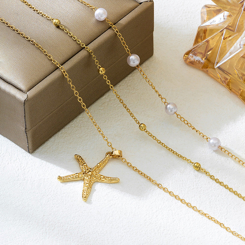 Beach Artificial Pearl Starfish Shell Necklace For Women Vintage Vacation Jewelry Zinc Alloy Beaded Necklace Vacation Accessories