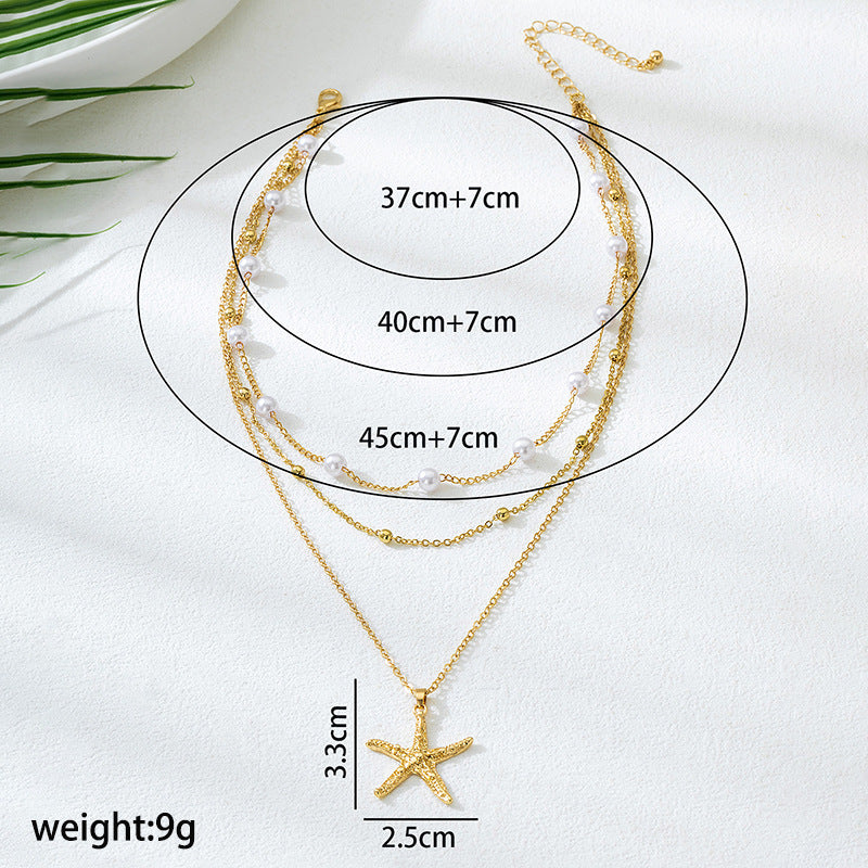 Beach Artificial Pearl Starfish Shell Necklace For Women Vintage Vacation Jewelry Zinc Alloy Beaded Necklace Vacation Accessories