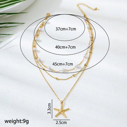 Beach Artificial Pearl Starfish Shell Necklace For Women Vintage Vacation Jewelry Zinc Alloy Beaded Necklace Vacation Accessories