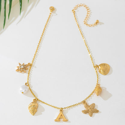 Beach Artificial Pearl Starfish Shell Necklace For Women Vintage Vacation Jewelry Zinc Alloy Beaded Necklace Vacation Accessories