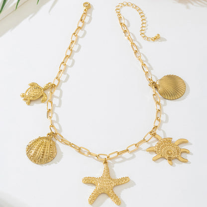 Beach Artificial Pearl Starfish Shell Necklace For Women Vintage Vacation Jewelry Zinc Alloy Beaded Necklace Vacation Accessories