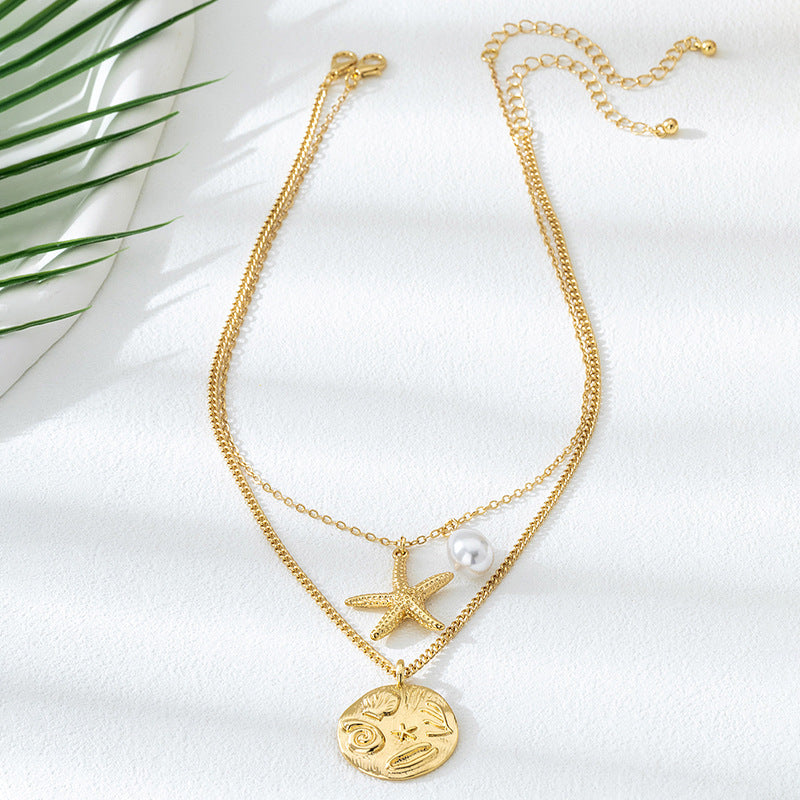 Beach Artificial Pearl Starfish Shell Necklace For Women Vintage Vacation Jewelry Zinc Alloy Beaded Necklace Vacation Accessories