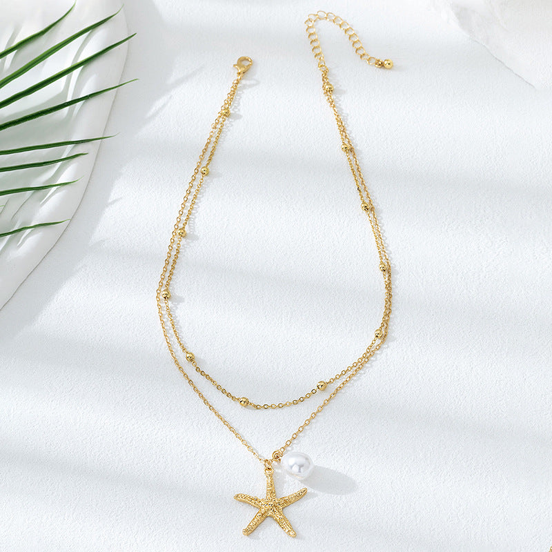 Beach Artificial Pearl Starfish Shell Necklace For Women Vintage Vacation Jewelry Zinc Alloy Beaded Necklace Vacation Accessories