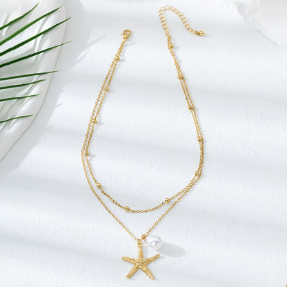 Beach Artificial Pearl Starfish Shell Necklace For Women Vintage Vacation Jewelry Zinc Alloy Beaded Necklace Vacation Accessories
