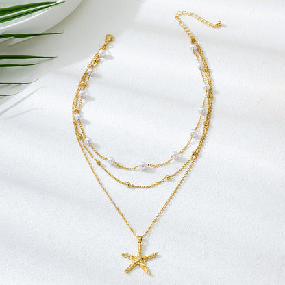 Beach Artificial Pearl Starfish Shell Necklace For Women Vintage Vacation Jewelry Zinc Alloy Beaded Necklace Vacation Accessories