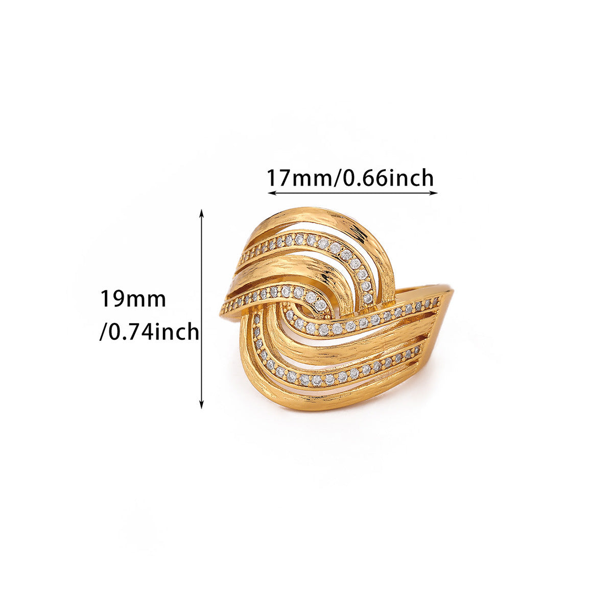 Exaggerated Geometric Ring For Women Made Of Copper With 18K Real Gold Plating Featuring Zircon In Golden Tone