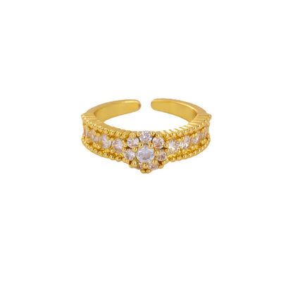 Open Copper Ring For Women Featuring Zircon Inlay With Elegant Grain Pattern