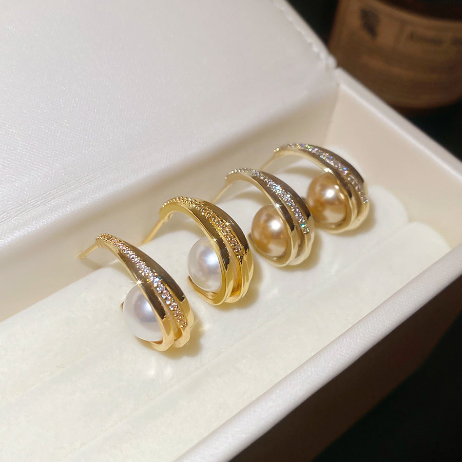 C Shape Zircon Stud Earrings For Women In Gold