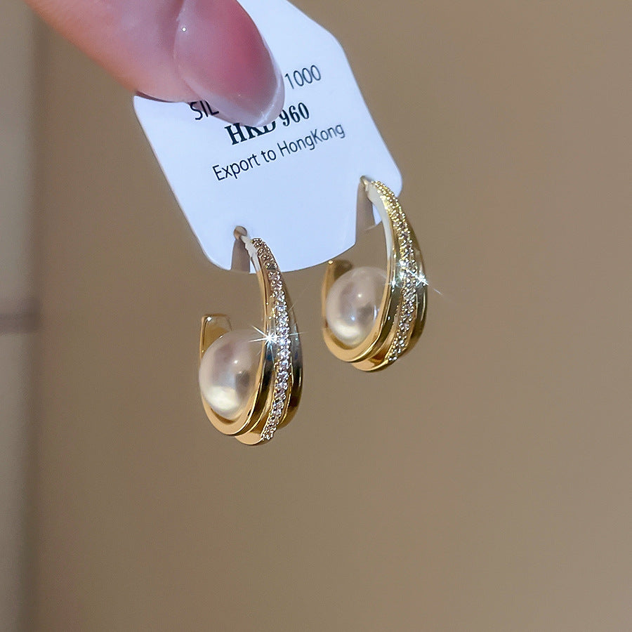 C Shape Zircon Stud Earrings For Women In Gold