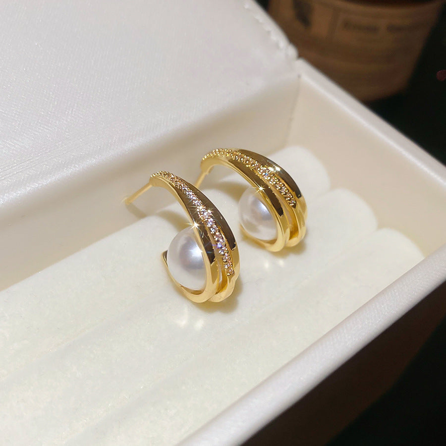 C Shape Zircon Stud Earrings For Women In Gold