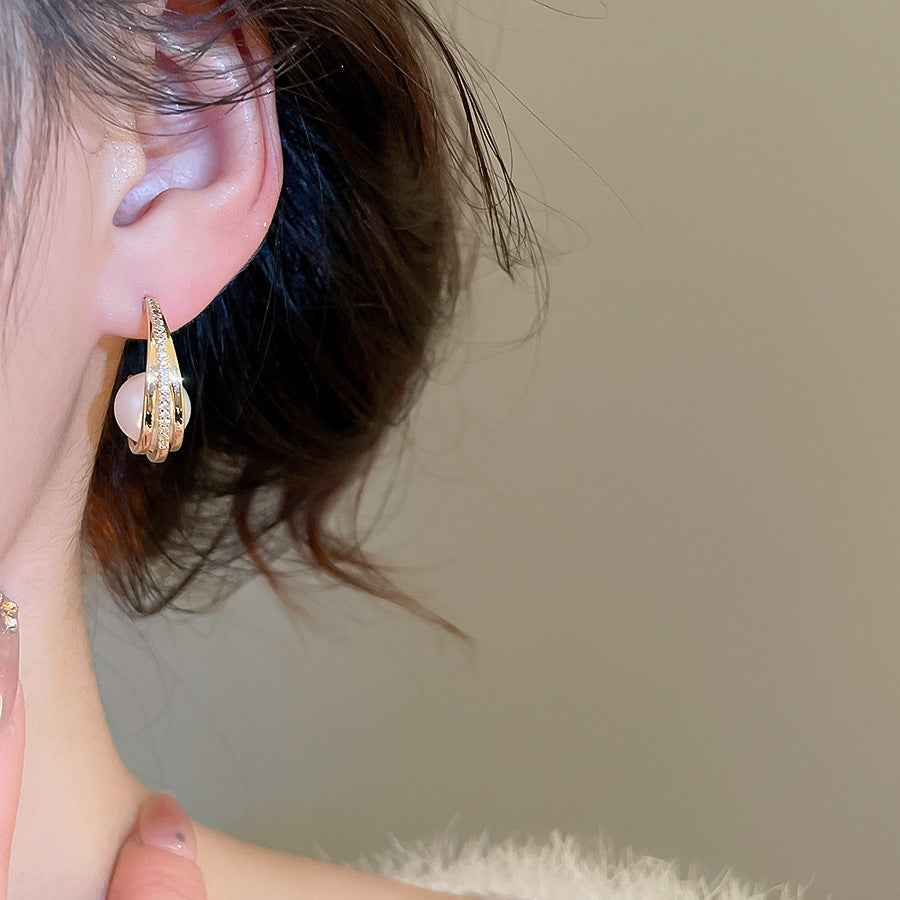 C Shape Zircon Stud Earrings For Women In Gold