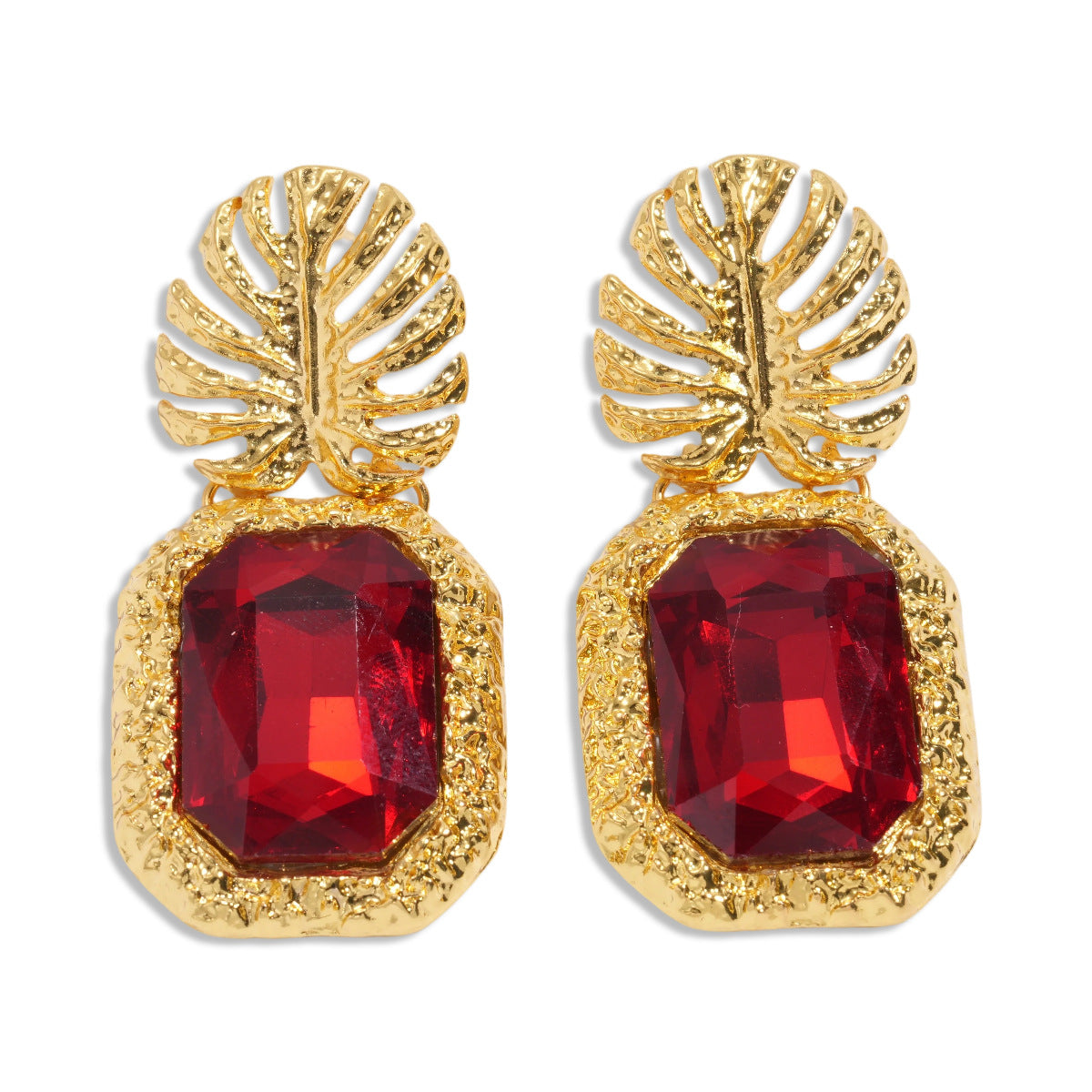 Retro Leaves Stud Earrings For Women In Gold With Rhinestones