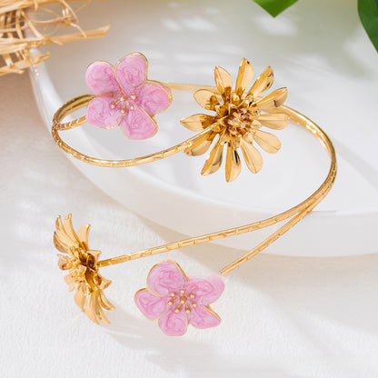 Pastoral Flower Arm Cuff Bangle Featuring White Enamel Craftsmanship For Elegant Floral Style