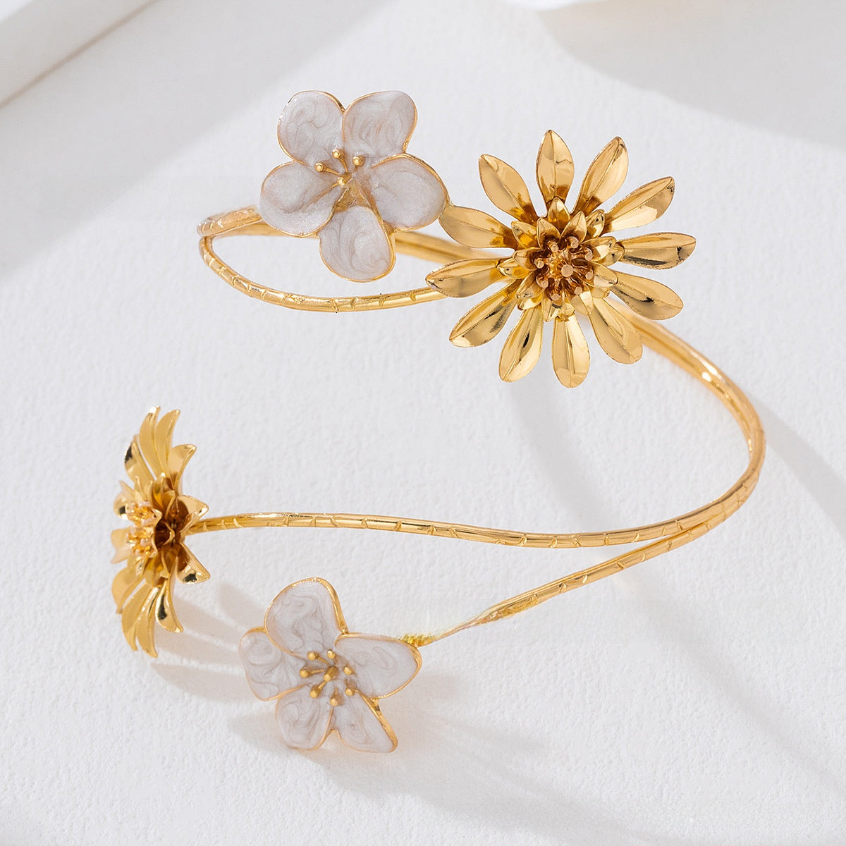 Pastoral Flower Arm Cuff Bangle Featuring White Enamel Craftsmanship For Elegant Floral Style