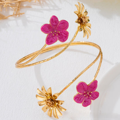 Pastoral Flower Arm Cuff Bangle Featuring White Enamel Craftsmanship For Elegant Floral Style