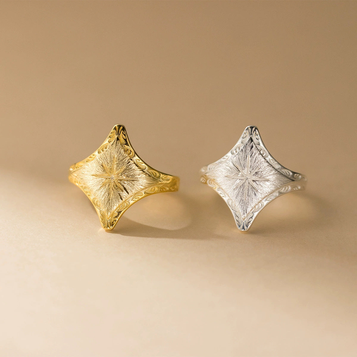 Rhombus Pattern Alloy Ring With Brushed Finish In Silver, 1 Piece