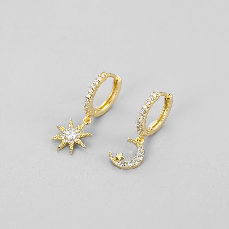 For Moon Asymmetrical Stud Earrings In Golden Featuring Star Design
