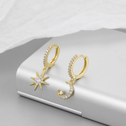 For Moon Asymmetrical Stud Earrings In Golden Featuring Star Design