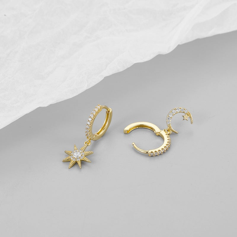 For Moon Asymmetrical Stud Earrings In Golden Featuring Star Design
