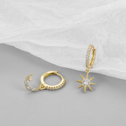For Moon Asymmetrical Stud Earrings In Golden Featuring Star Design